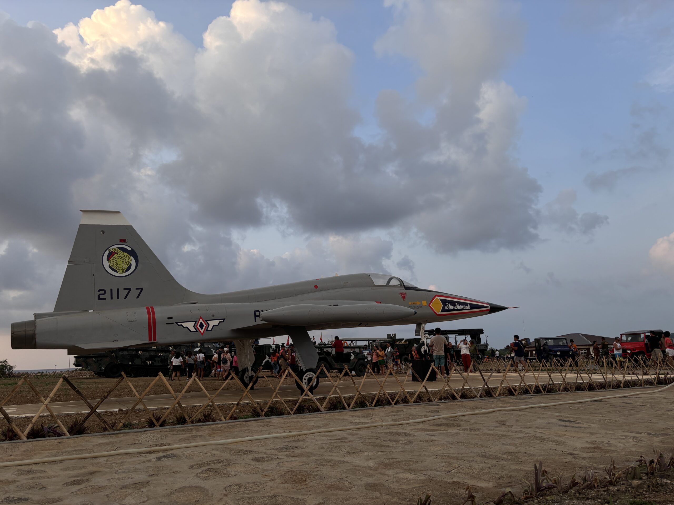 A fighter jet once used by the Blue Diamonds on display at Camp Cape Bojeador