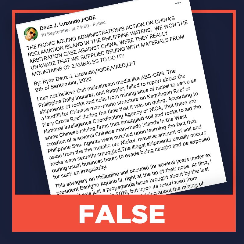 FALSE: Media did not report on Chinese reclamation on West Philippine Sea