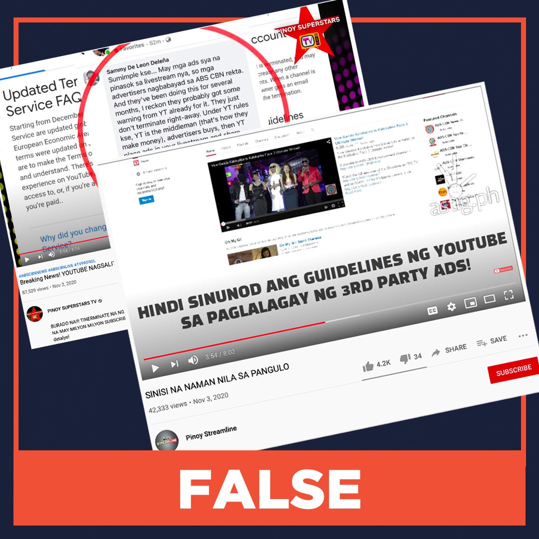 FALSE: YouTube deleted ABS-CBN’s channels for abusing terms of service on ads