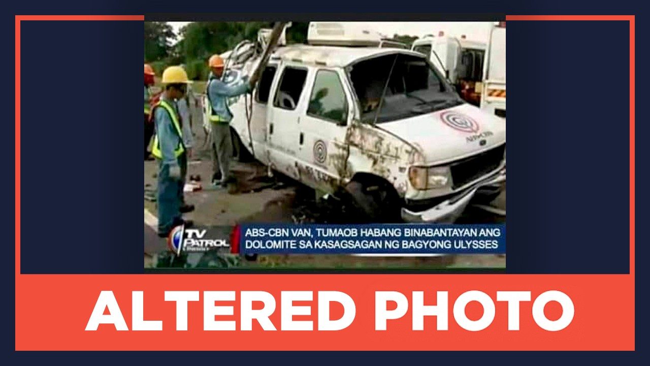 ALTERED PHOTO: ABS-CBN van tips over while covering dolomite during Typhoon Ulysses