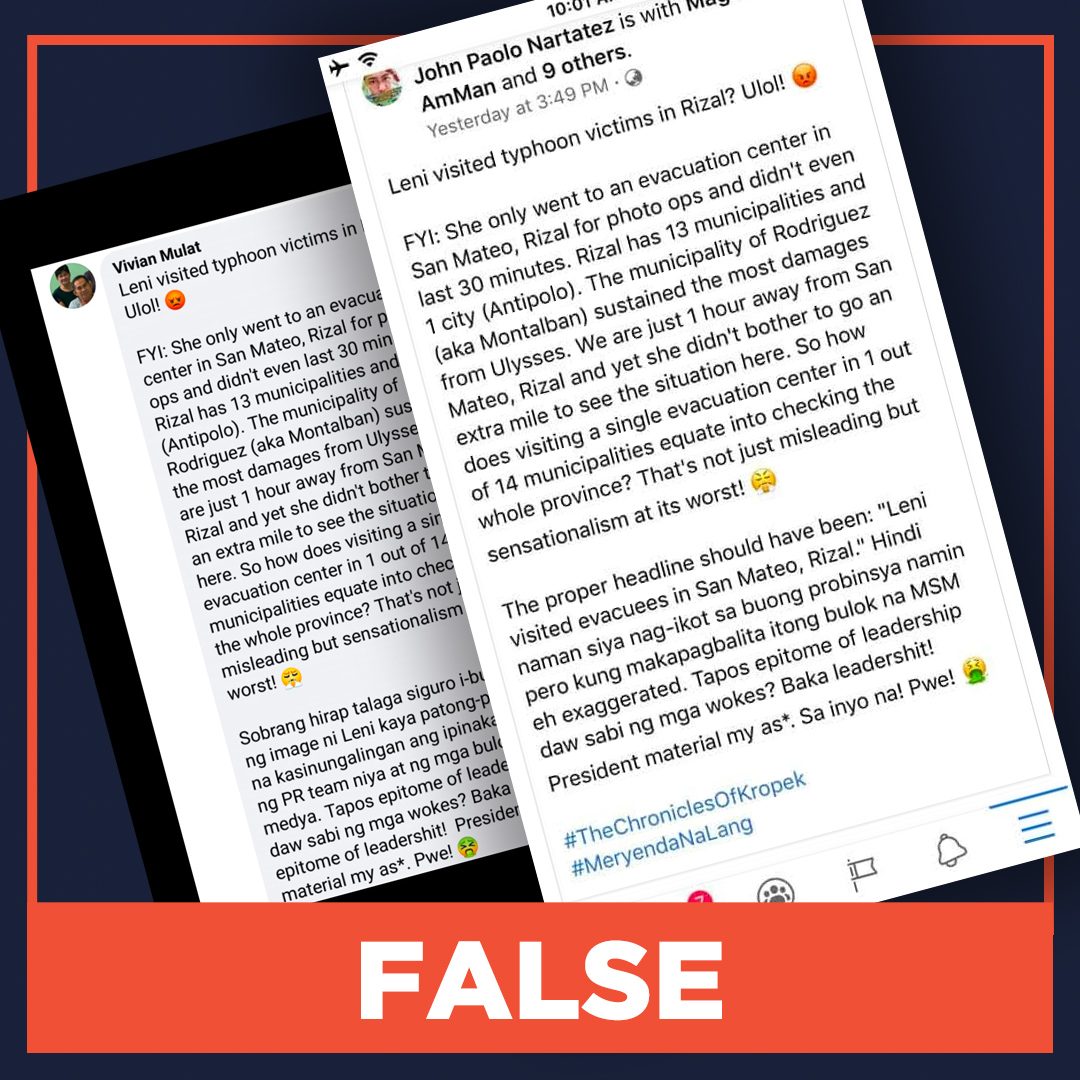 FALSE: Robredo did not bother to visit Typhoon Ulysses victims in Rodriguez, Rizal