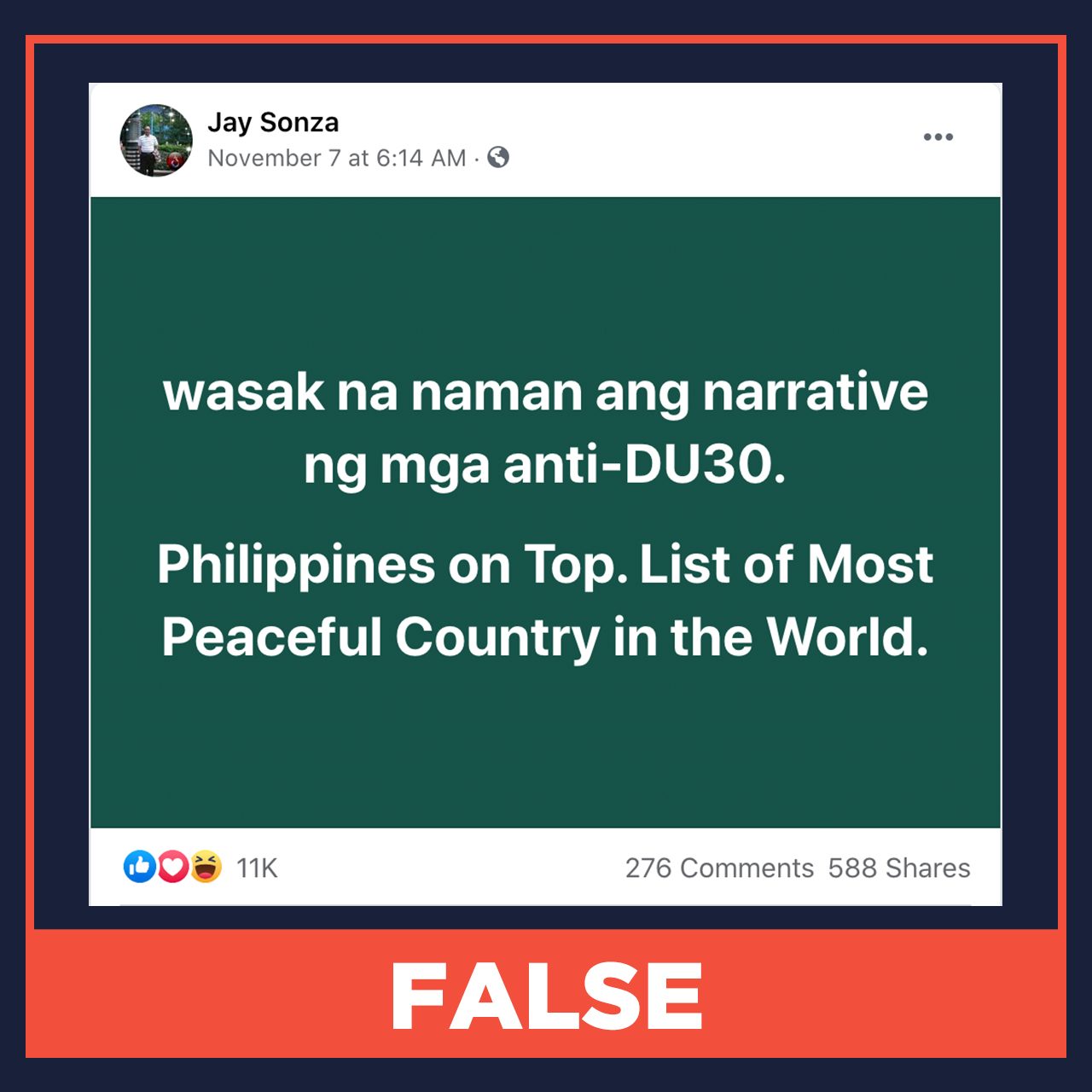 FALSE: Philippines tops ‘most peaceful countries’ list