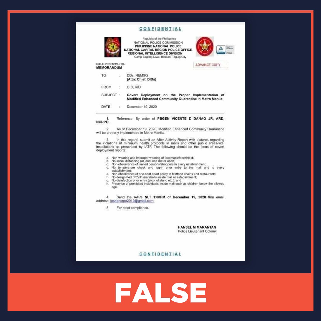 FALSE: Lockdown in Metro Manila on December 19, 2020