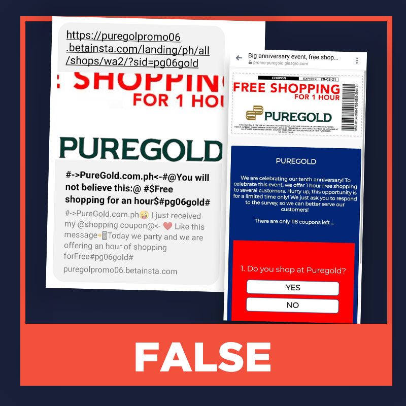 FALSE: Puregold offers coupons for 1-hour free shopping