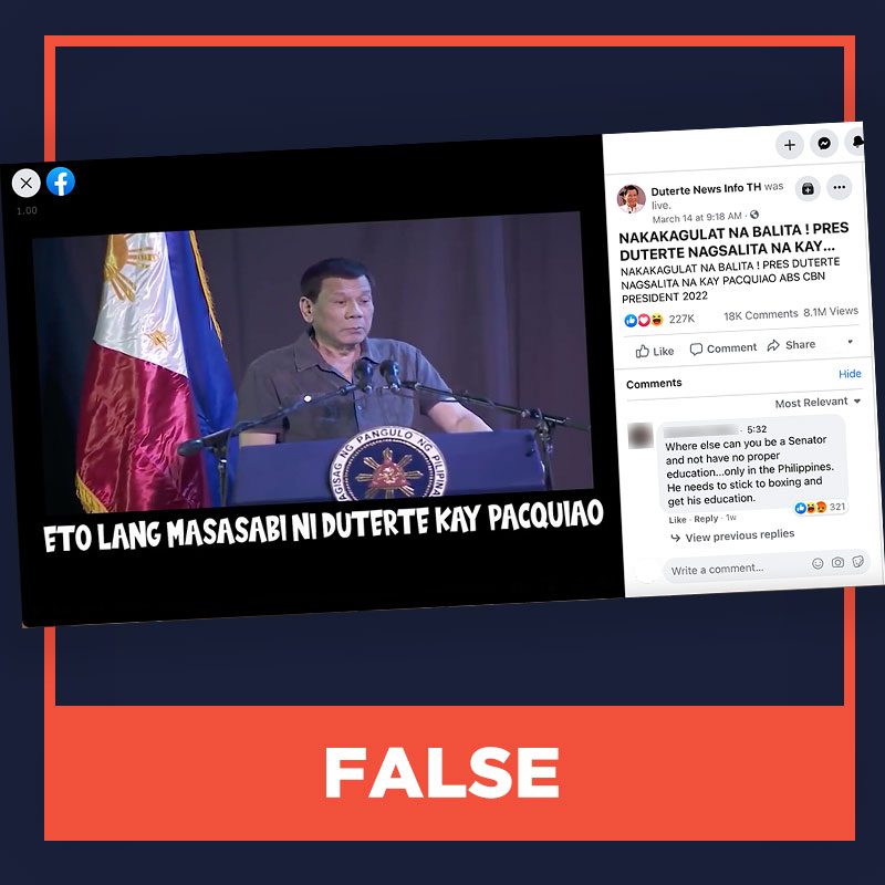 FALSE: Duterte speaks up about Pacquiao’s 2022 plans