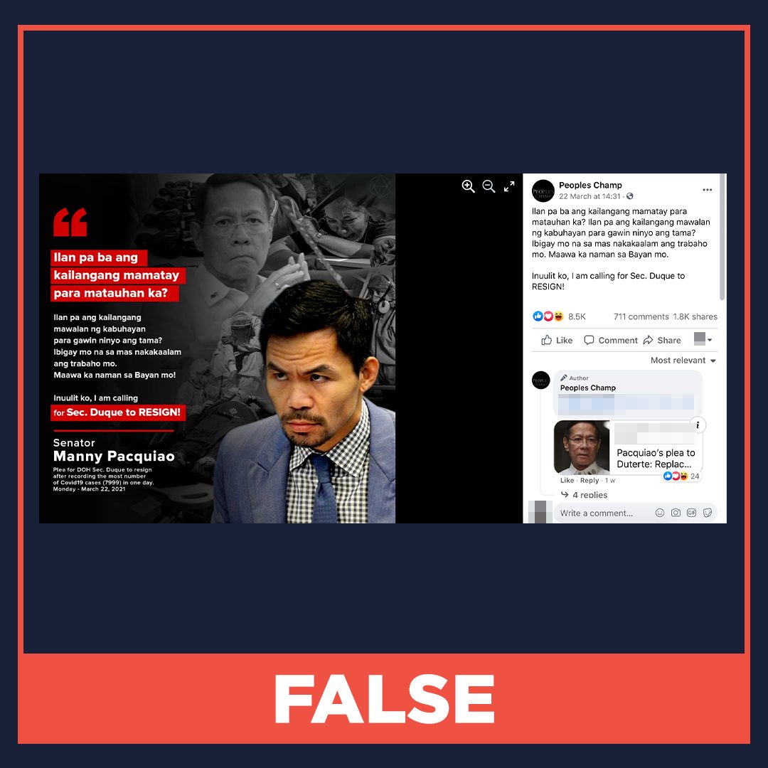 FALSE: Pacquiao quote calls for Duque to resign after March 22, 2021
