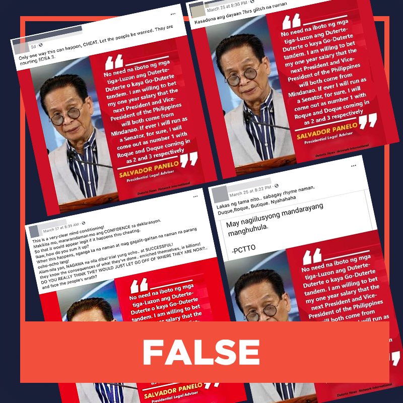 FALSE: Panelo quote on betting on next president and vice president