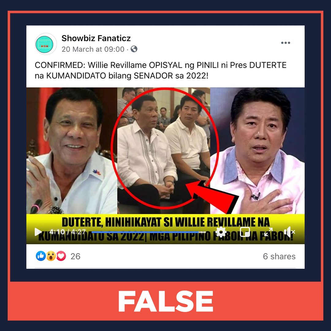 FALSE: Duterte officially chooses Revillame to run for Senate in 2022