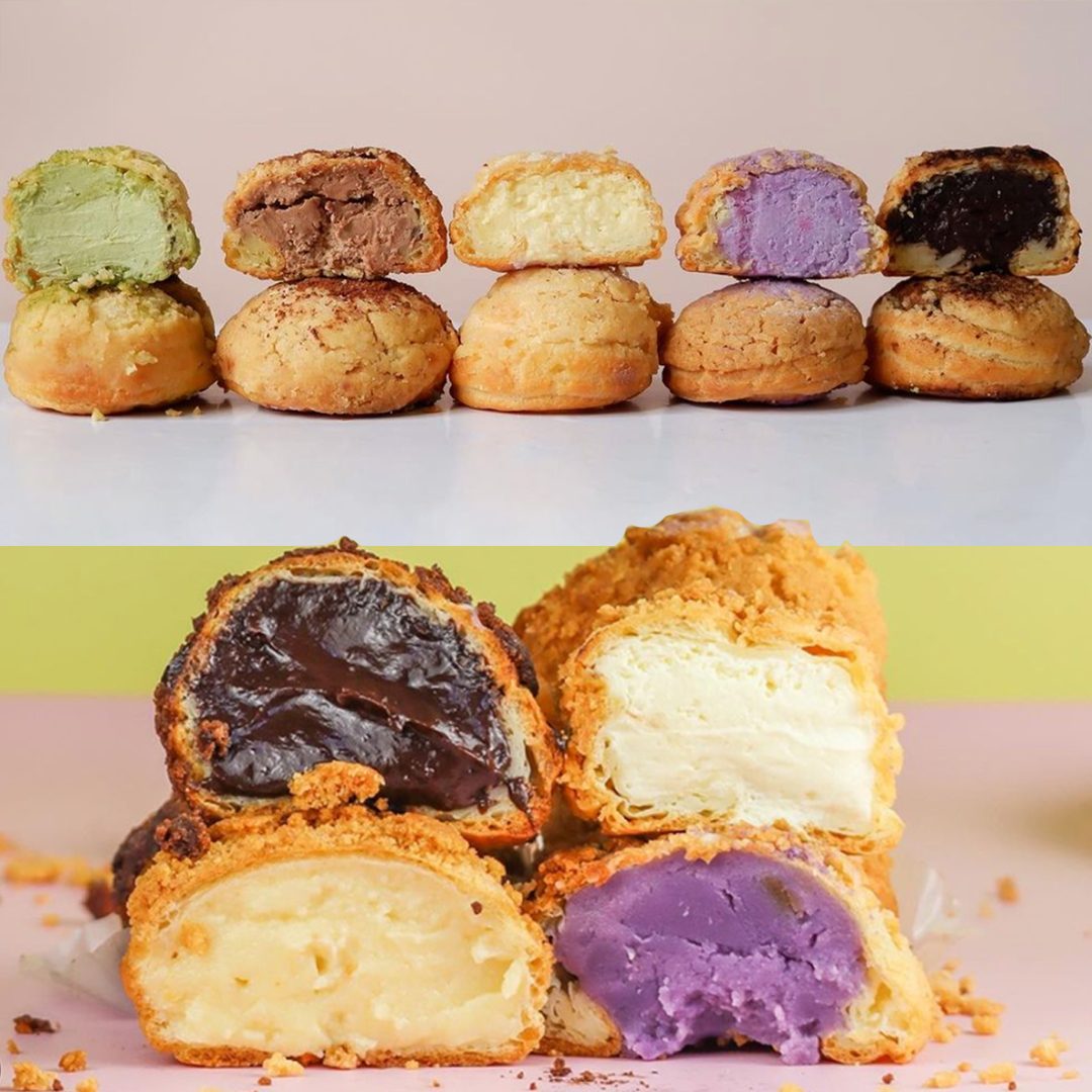 These cream puffs come in Milo, ube, matcha, and cheesecake flavors