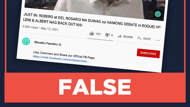 FALSE: Del Rosario, Robredo back out of debate with Roque