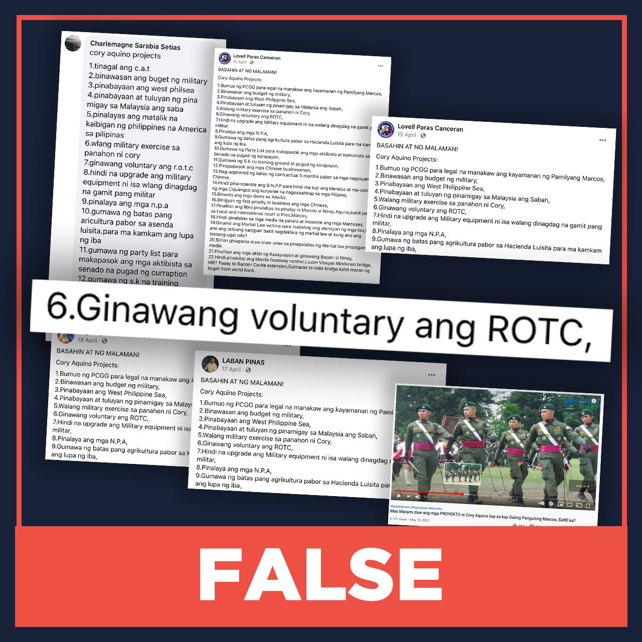 FALSE: Voluntary ROTC implemented during president Cory Aquino’s term
