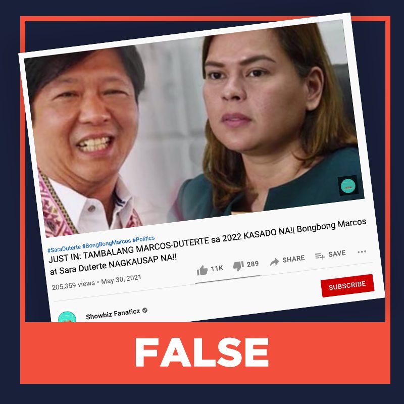 FALSE: Bongbong Marcos-Sara Duterte tandem for 2022 elections now official