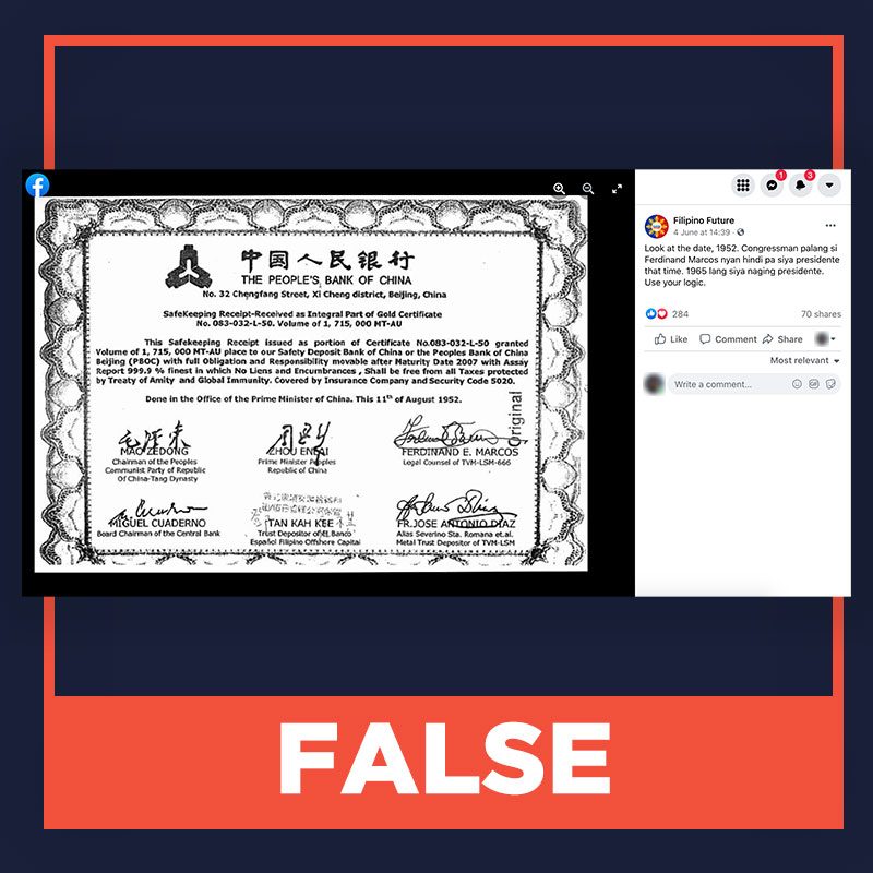 FALSE: People’s Bank of China safekeeping receipt of Marcos gold