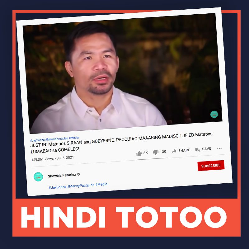 HINDI TOTOO: Pacquiao lumabag sa patakaran ng Comelec