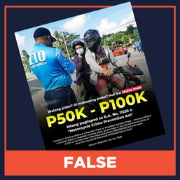 FALSE: Motorcycle drivers without license plates fined up to P100,000