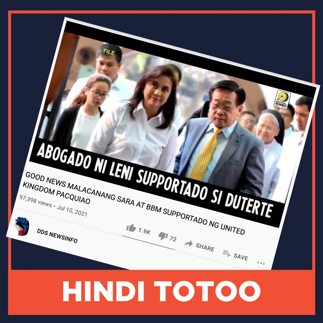 HINDI TOTOO: Abogado ni Robredo, suportado ang pagtakbong VP ni Duterte