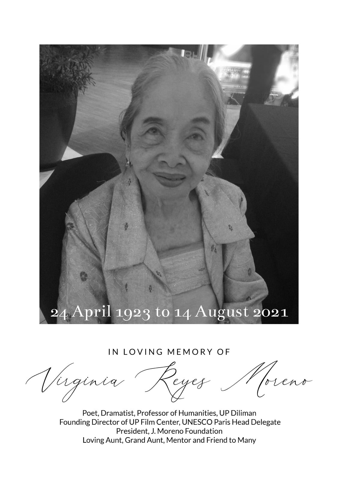 Poet Virginia Reyes Moreno passes away