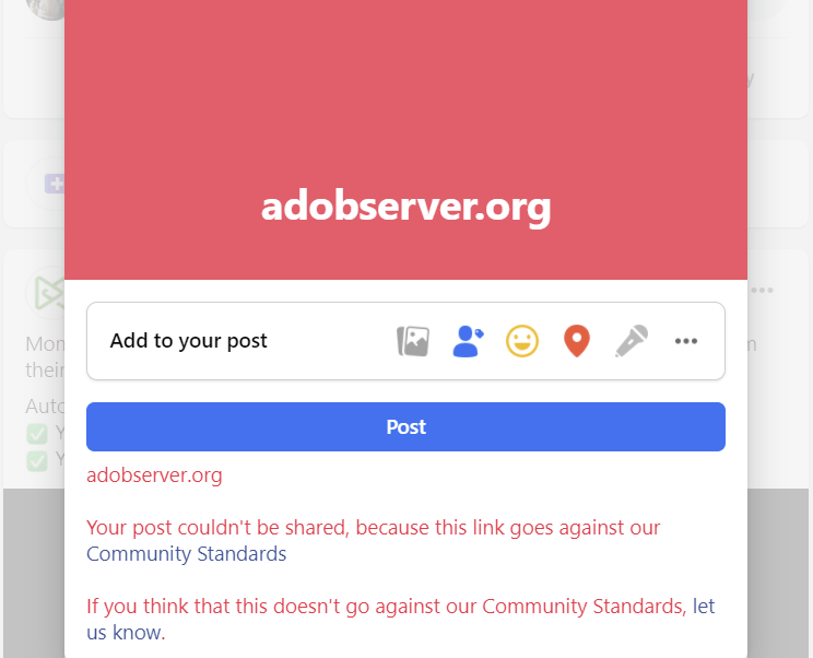 Facebook blocks ‘Ad Observer’ website from being shared on the platform