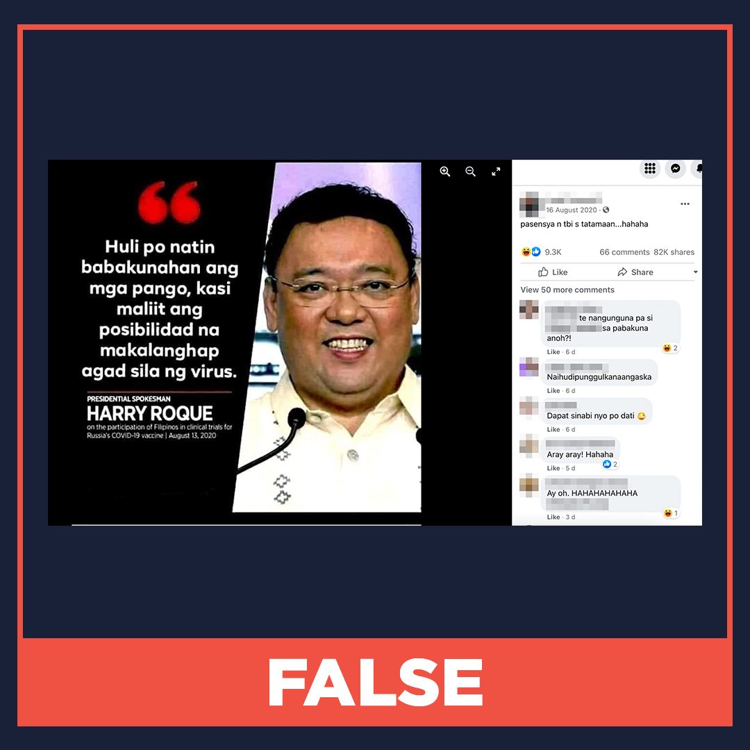 FALSE: Roque says people who are ‘pango’ will be vaccinated last