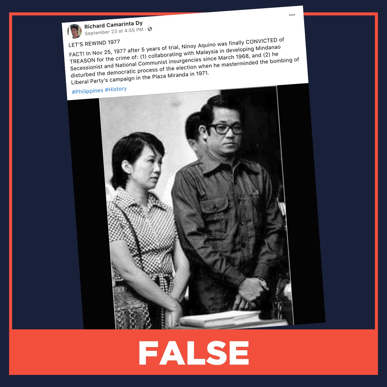 FALSE: Ninoy Aquino found guilty of treason