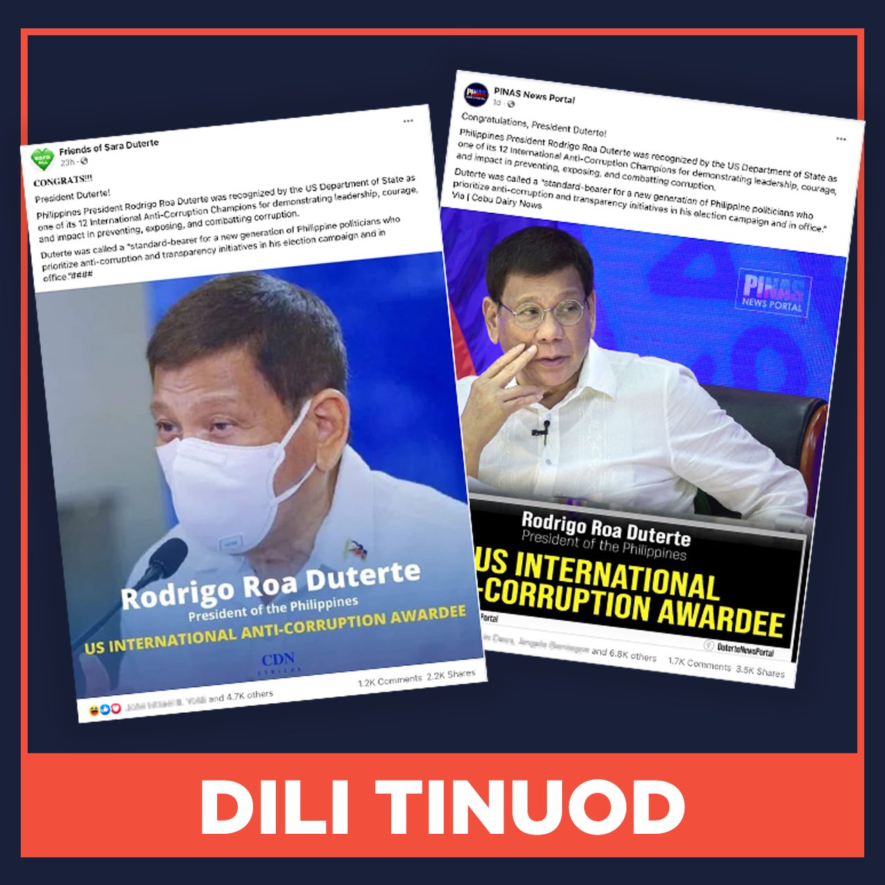 DILI TINUOD: Duterte giila sa US isip usa sa 12 ka kampyon batok sa korupsyon sa kalibotan