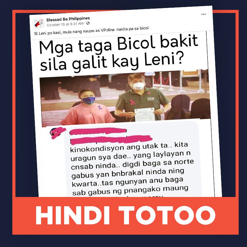 HINDI TOTOO: Hindi pumunta si Robredo sa Bicol habang siya ay bise presidente