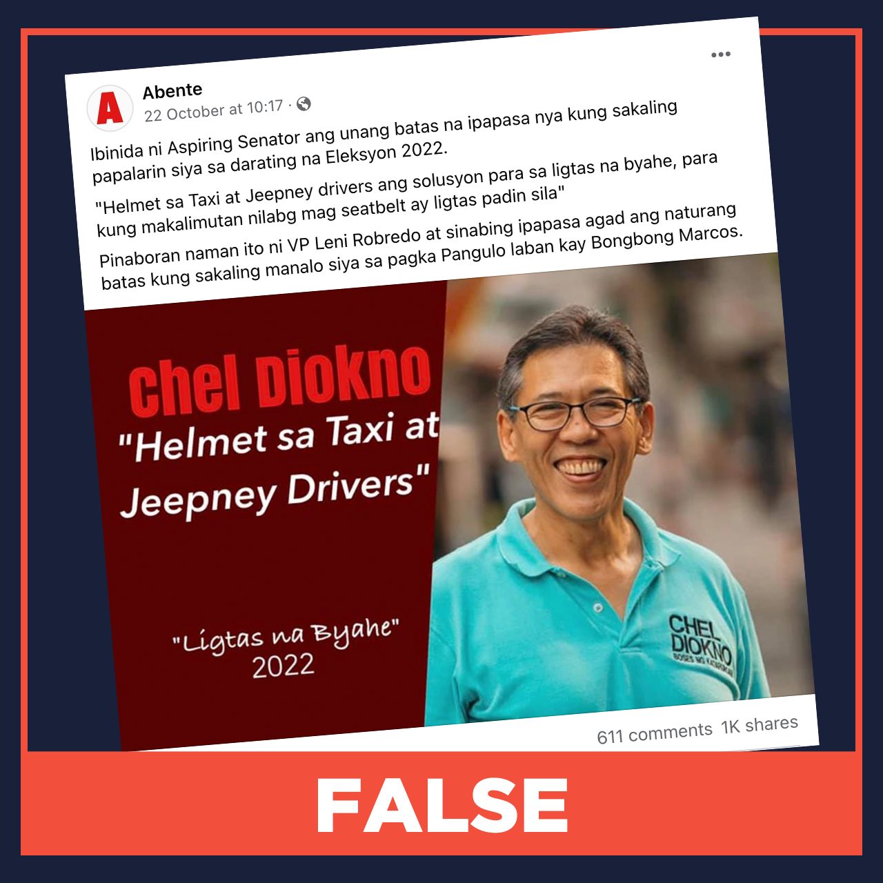 FALSE: Chel Diokno wants taxi, jeepney drivers to wear helmets