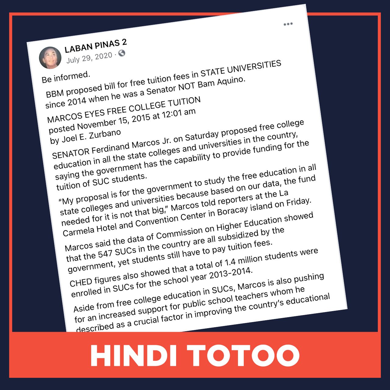 HINDI TOTOO: Si Bongbong Marcos ang nagpanukala ng free tuition bill, hindi si Bam Aquino