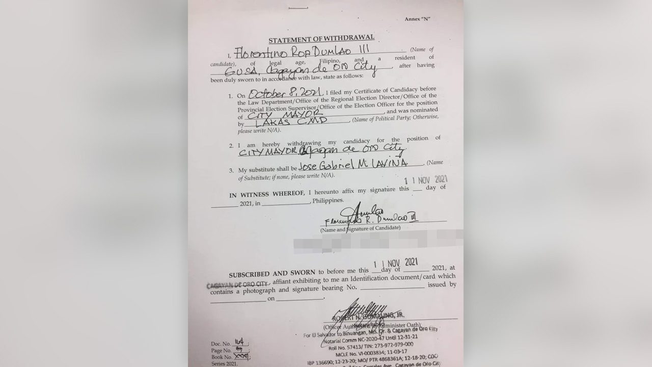 Pompee La Viña runs for Cagayan de Oro mayor via substitution under Lakas