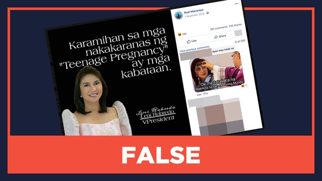 FALSE: Robredo says mostly young people experience teenage pregnancies
