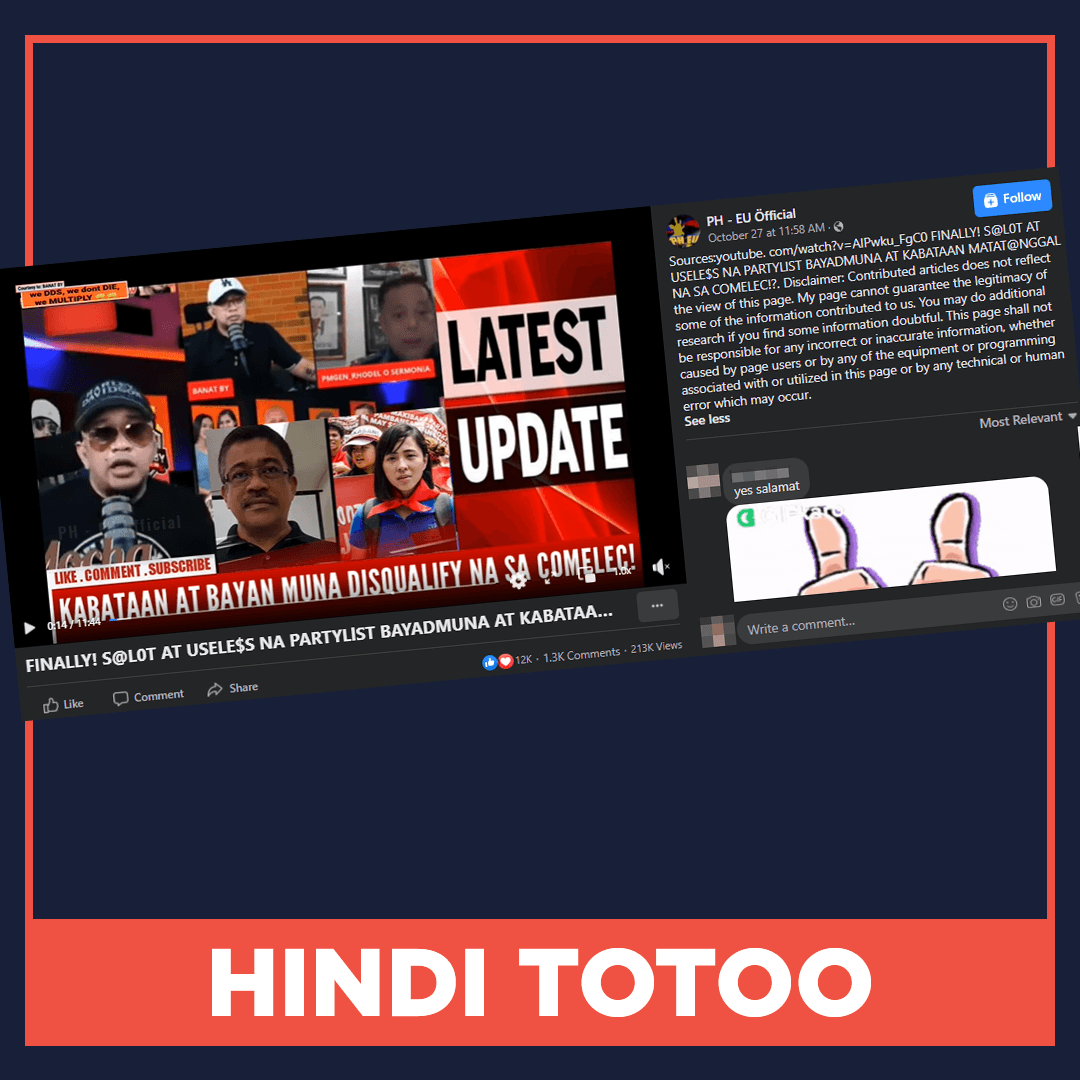 HINDI TOTOO: Na-disqualify na ng Comelec ang Kabataan, Bayan Muna sa party list