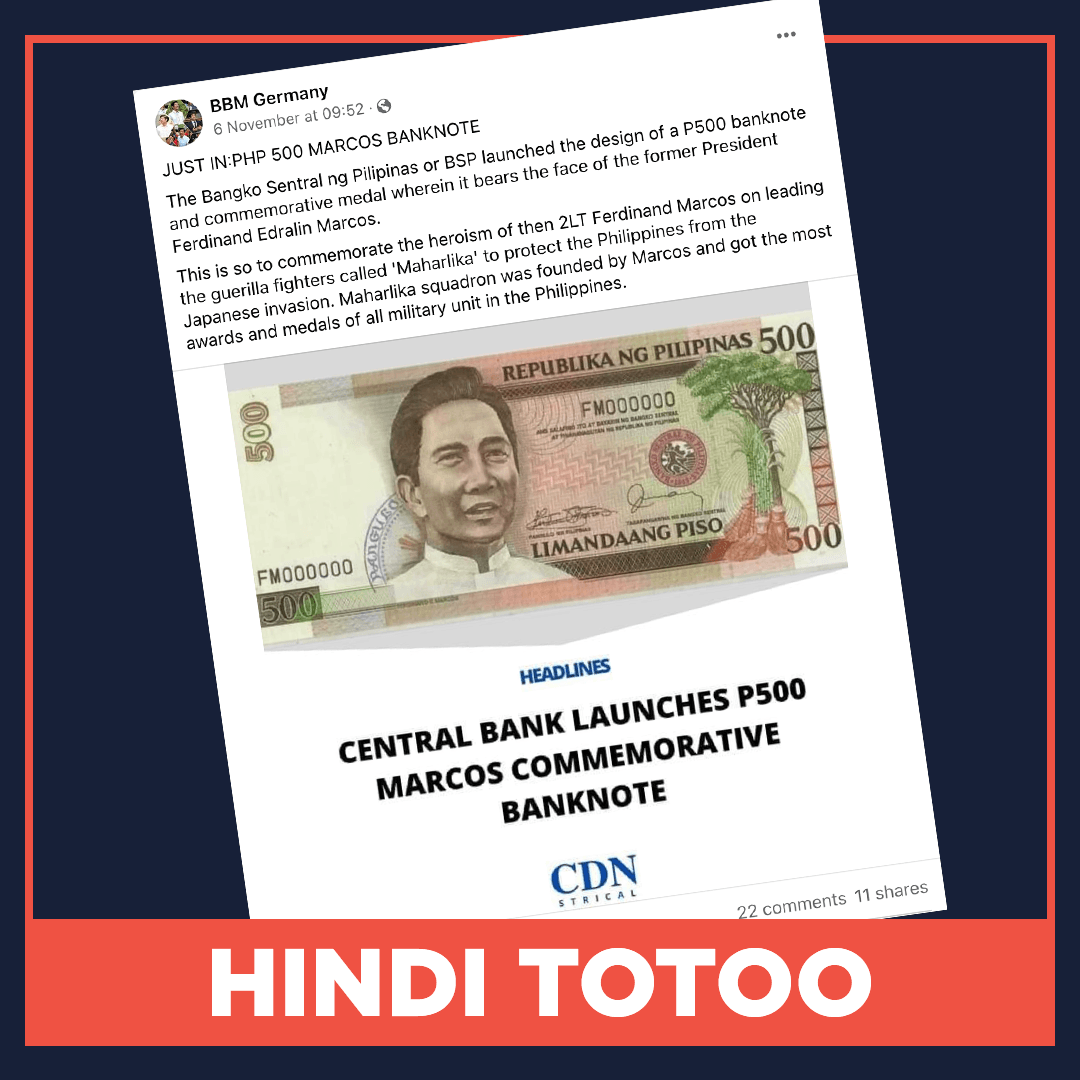 HINDI TOTOO: Naglabas ng P500 Marcos banknote ang Bangko Sentral ng Pilipinas