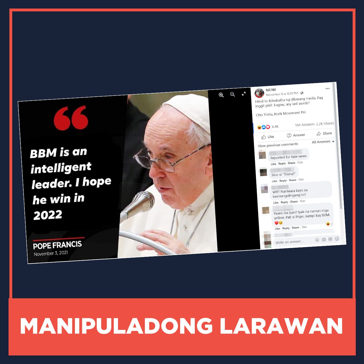 MANIPULADONG LARAWAN: Pahayag ng suporta ng Santo Papa kay Bongbong Marcos