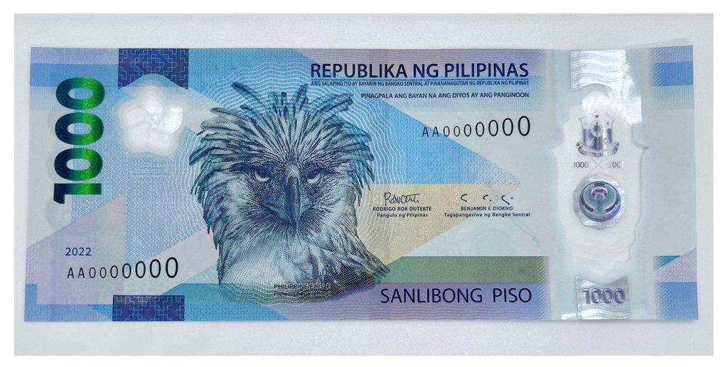 The obverse of the P1,000 bill shows the Philippine eagle and sampaguita, the national bird and national flower. Image courtesy of BSP.
