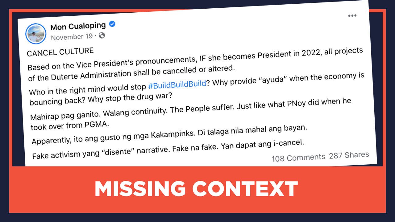 MISSING CONTEXT: Robredo to cancel or alter Duterte projects if she wins in 2022