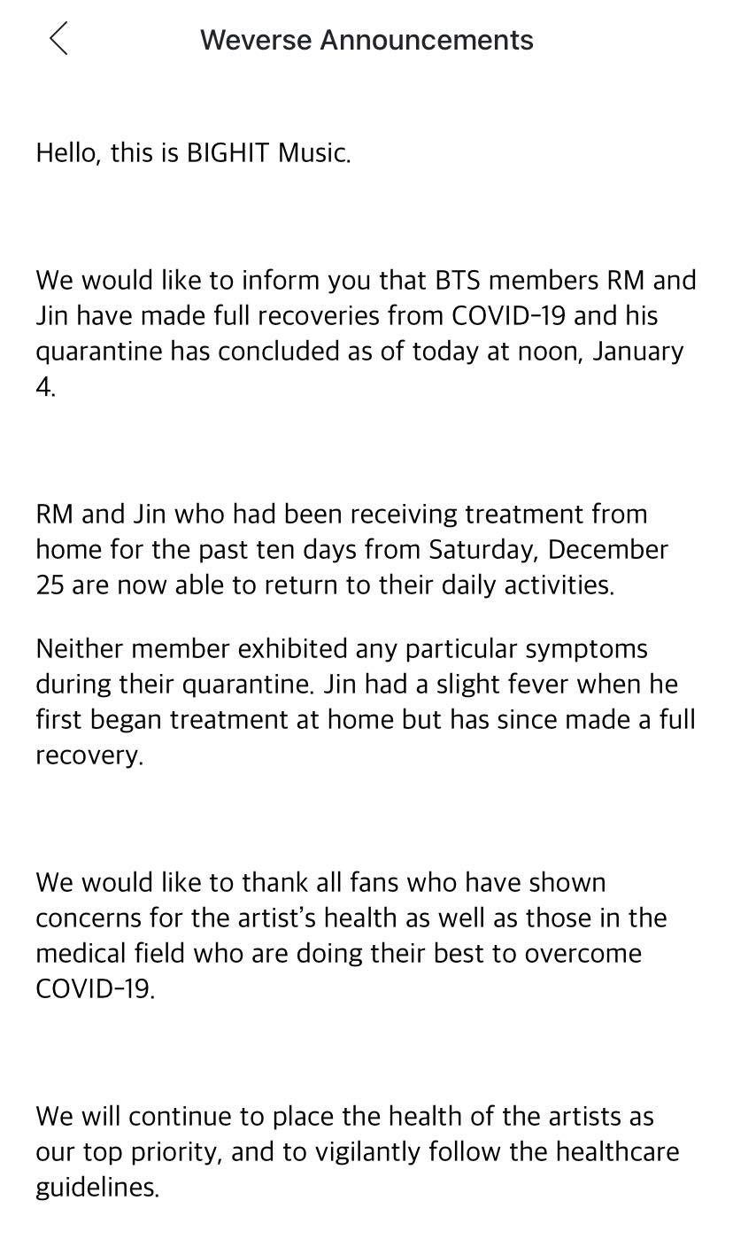The announcement comes a day after BIGHIT confirms SUGA's recovery from COVID-19