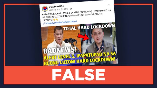 FALSE: Luzon placed under Alert Level 5 or ‘total hard lockdown’