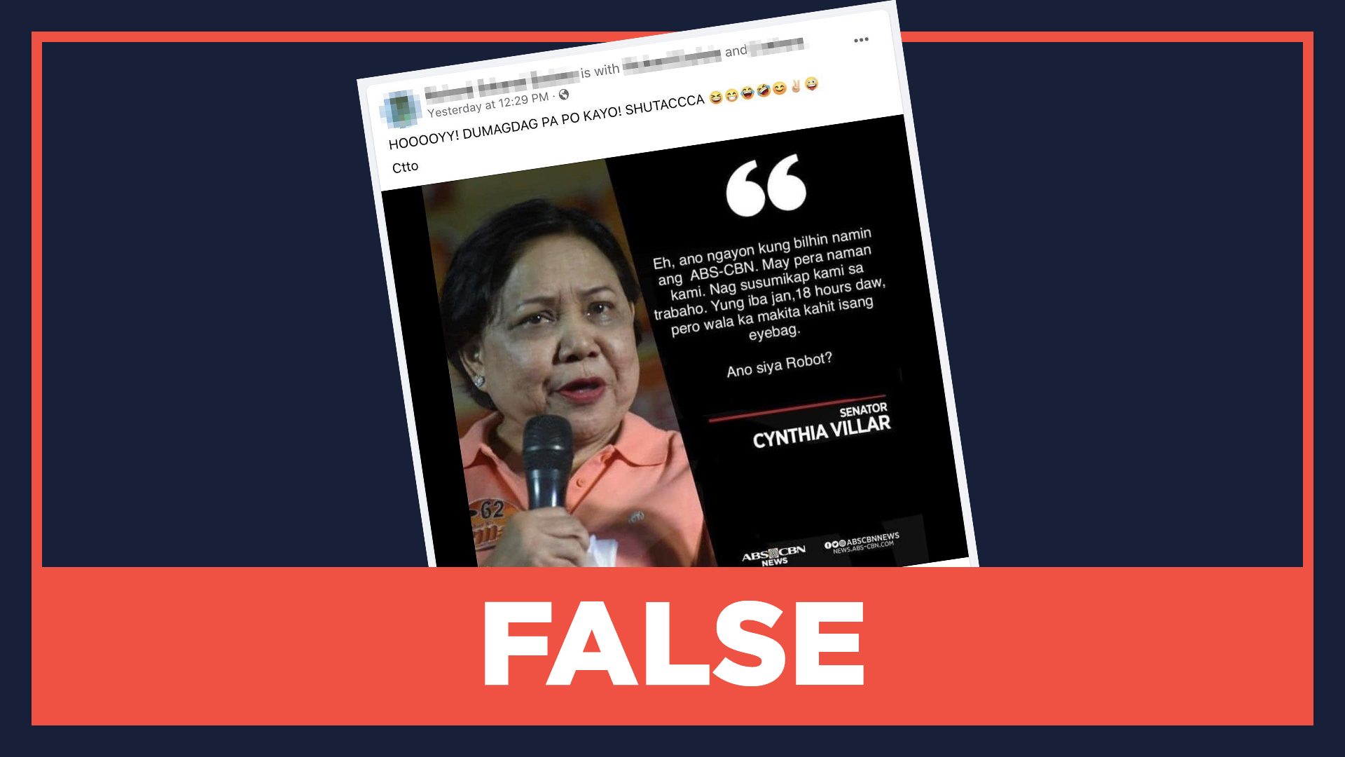 FALSE: Senator Cynthia Villar quote on buying ABS-CBN