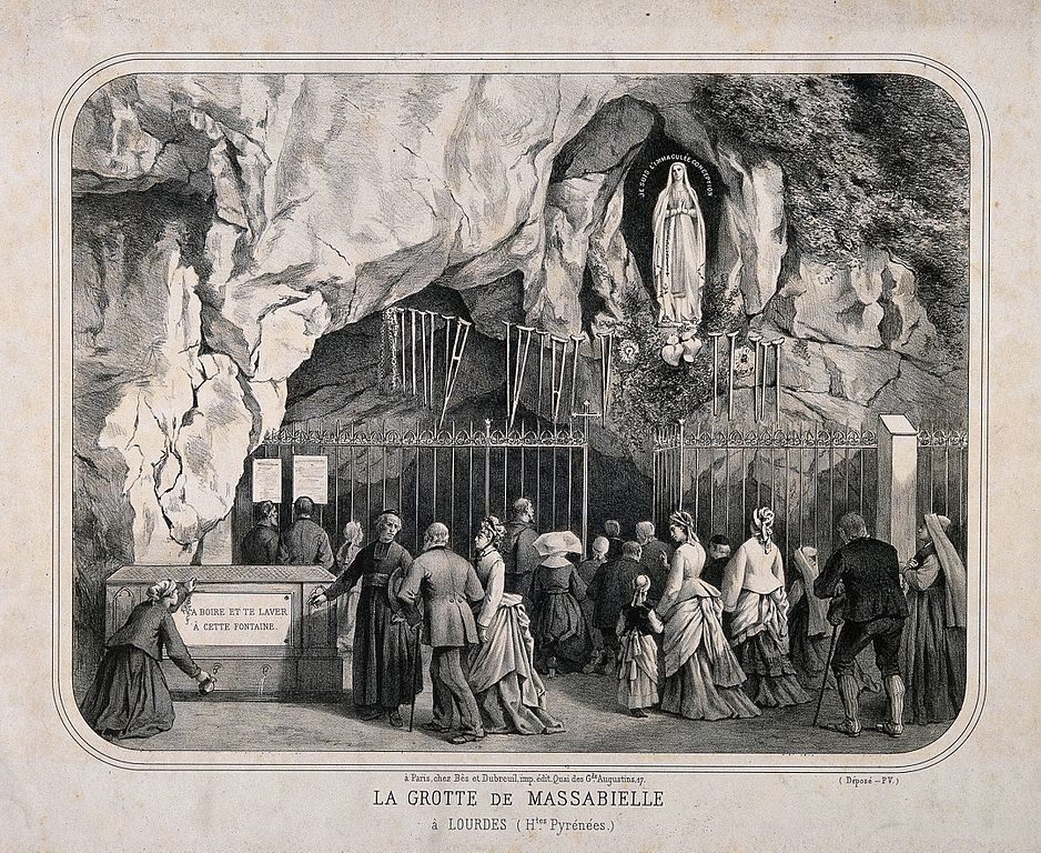 Lourdes, Haute Pyrénées: pilgrims gathered at the cave of Massabielle. Lithograph.
wikimedia commons/Wellcome Collection gallery