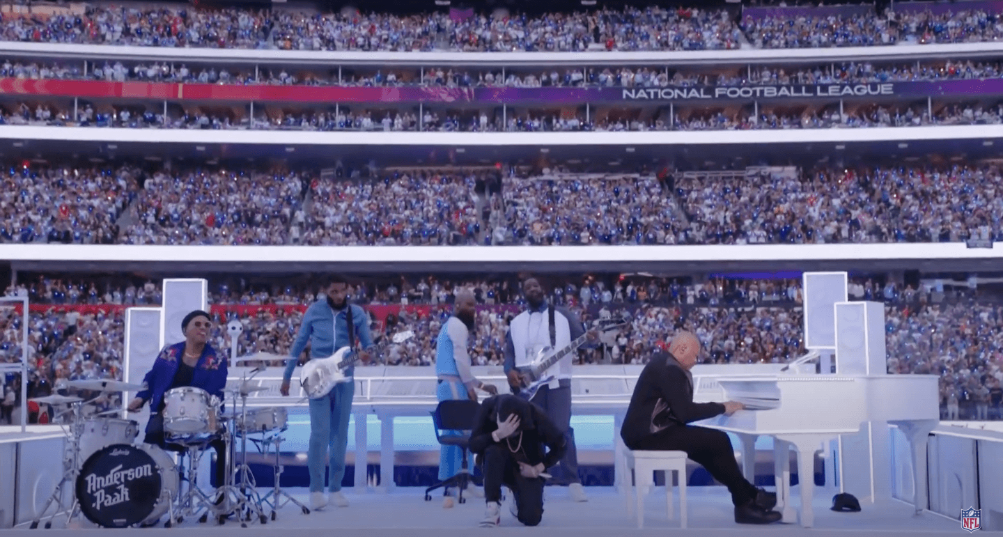 Eminem kneels at Super Bowl’s high-wattage hip-hop halftime show