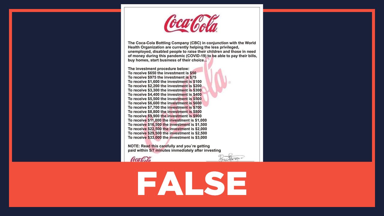 FALSE: Coca-Cola partners with WHO for investment program
