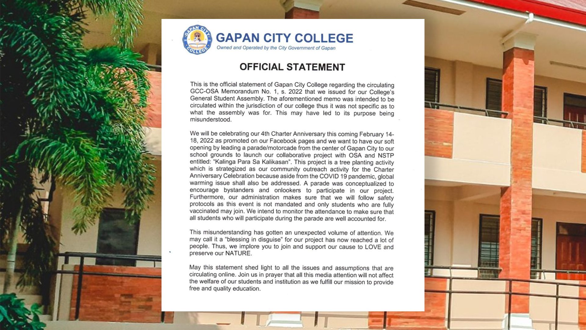 Gapan City College says red-green theme for anniversary soft launch ‘misunderstood’