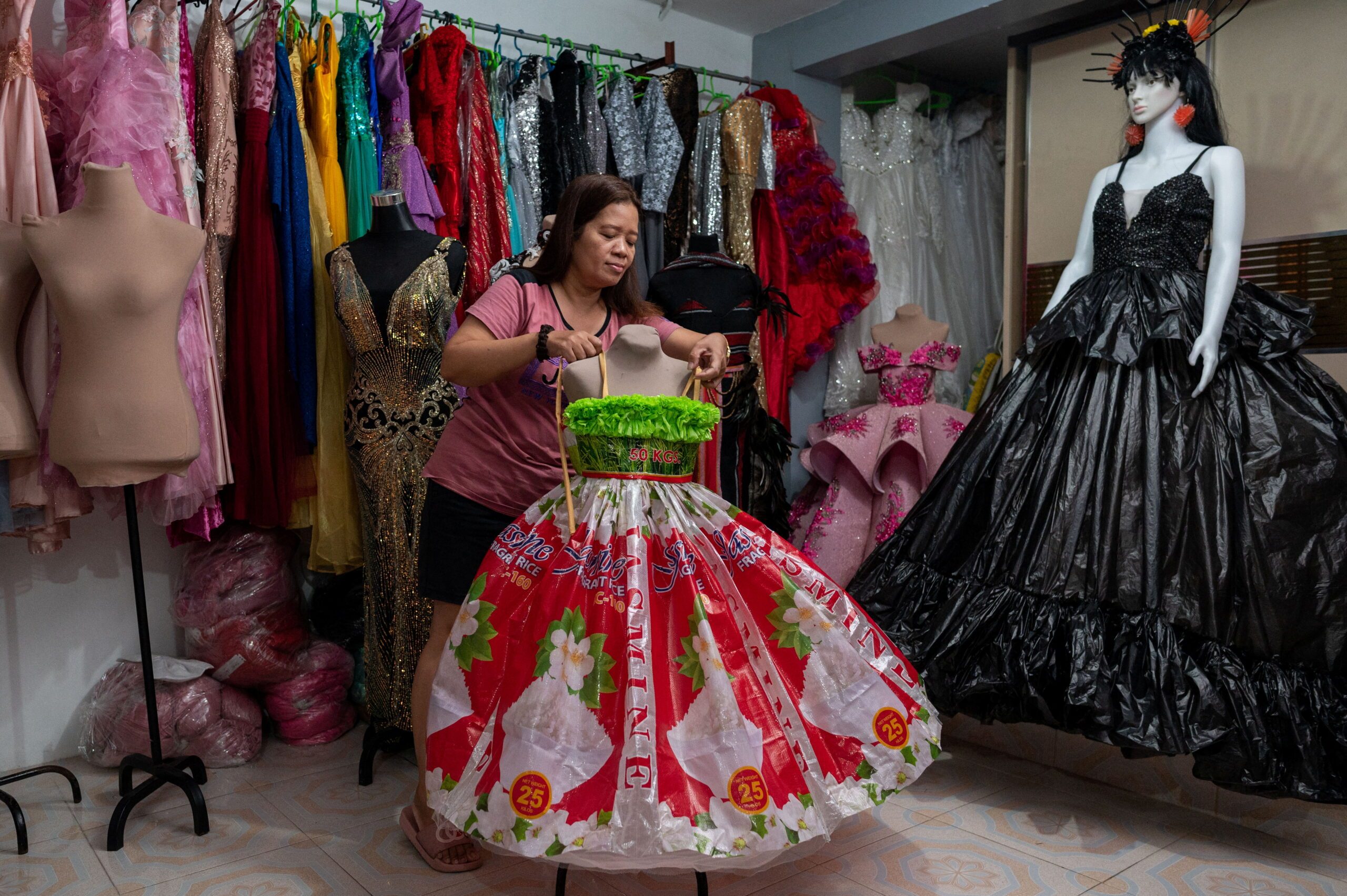 Filipina designer Lenora Buenviaje creates gowns out of recycled trash