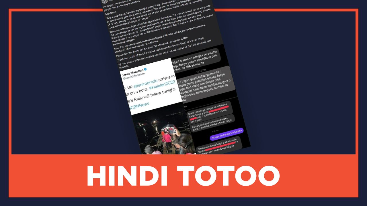 HINDI TOTOO: Sakay ng yate si Robredo bago lumipat ng bangka papuntang Basilan