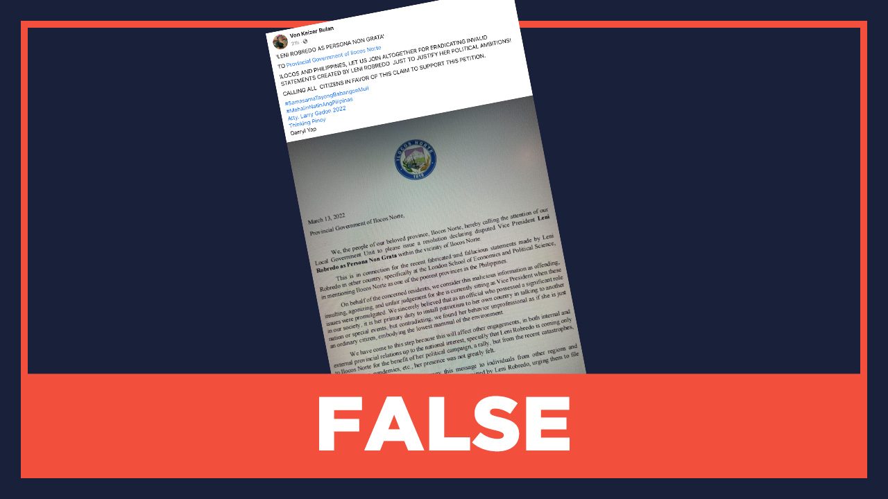 FALSE: Ilocos Norte government backs petition to declare Robredo ‘persona non grata’