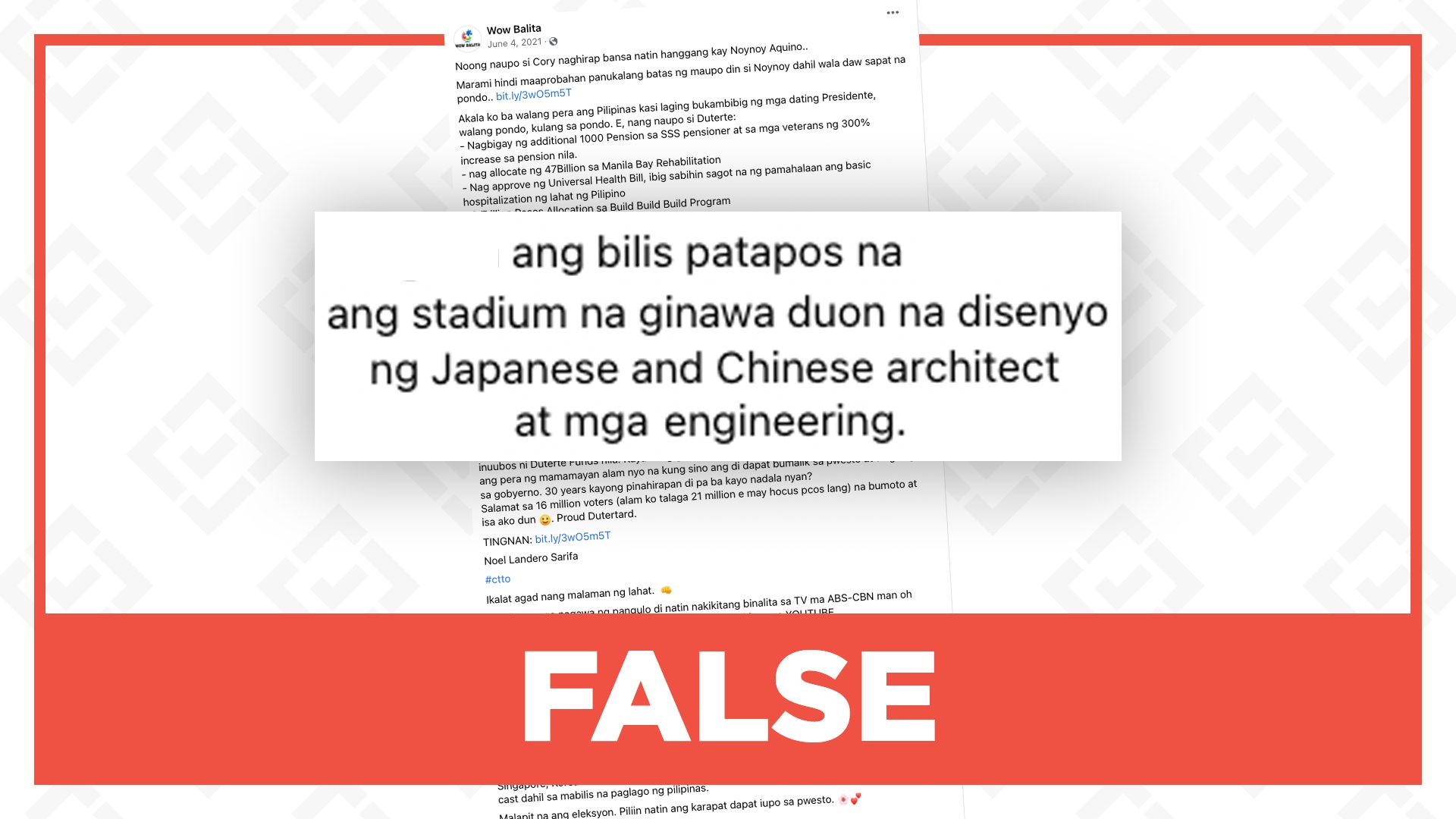 FALSE: New Clark City stadium designed by Japanese and Chinese engineers