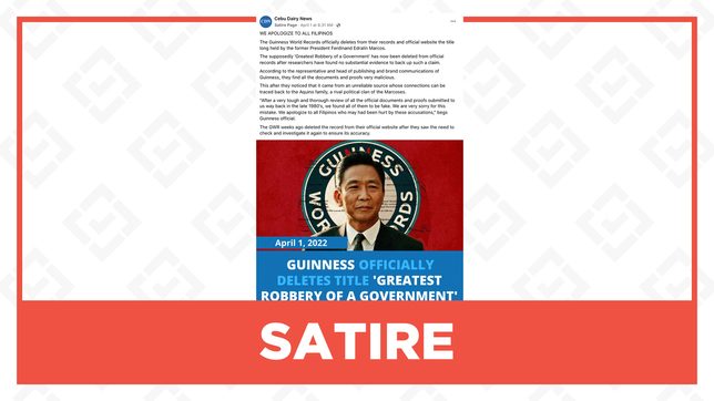 SATIRE: Guinness World Records statement on deleting  ‘Greatest Robbery of a Government’ record of Marcoses