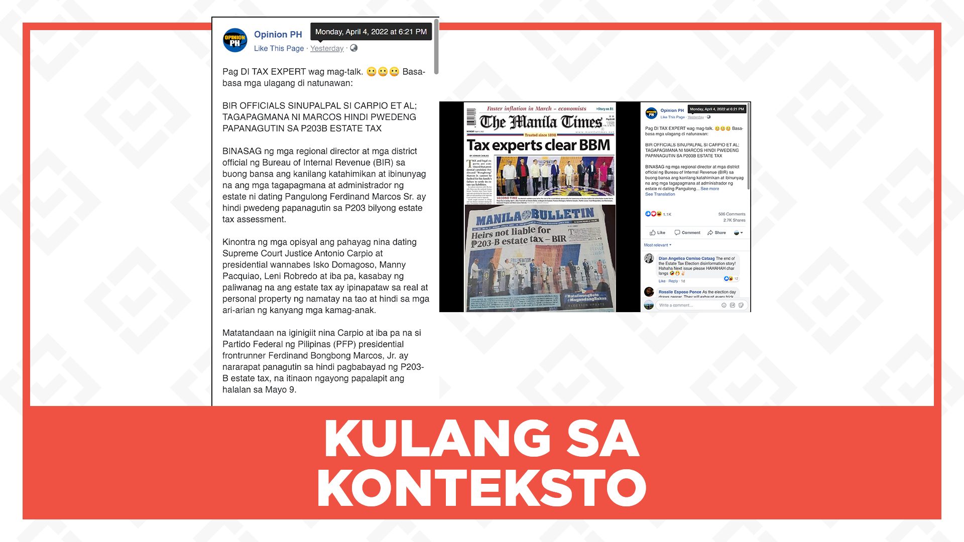 KULANG SA KONTEKSTO: Sabi ng BIR, hindi kailangang bayaran ng mga Marcos ang P203B na estate tax