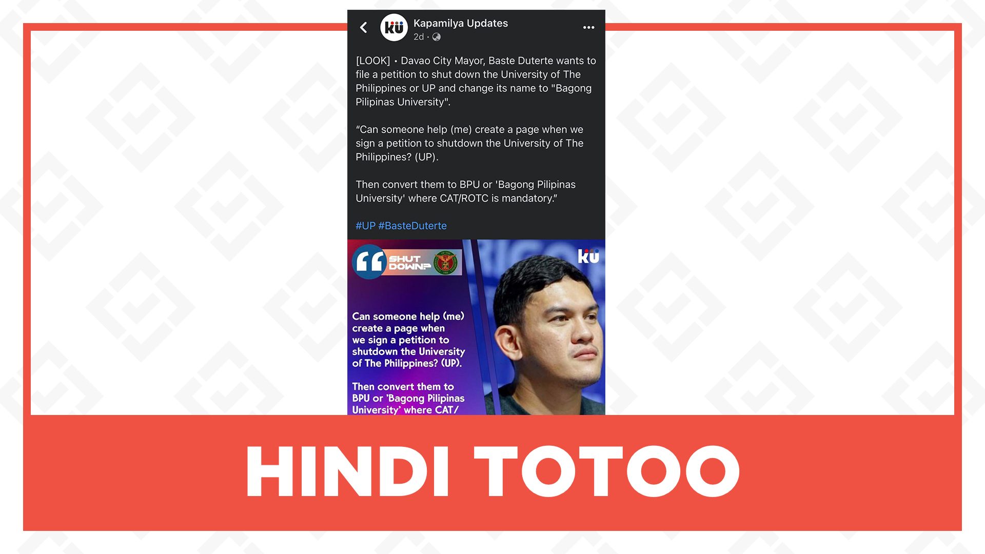 HINDI TOTOO: Gagawa ng petisyon si Baste Duterte para ipasara ang UP