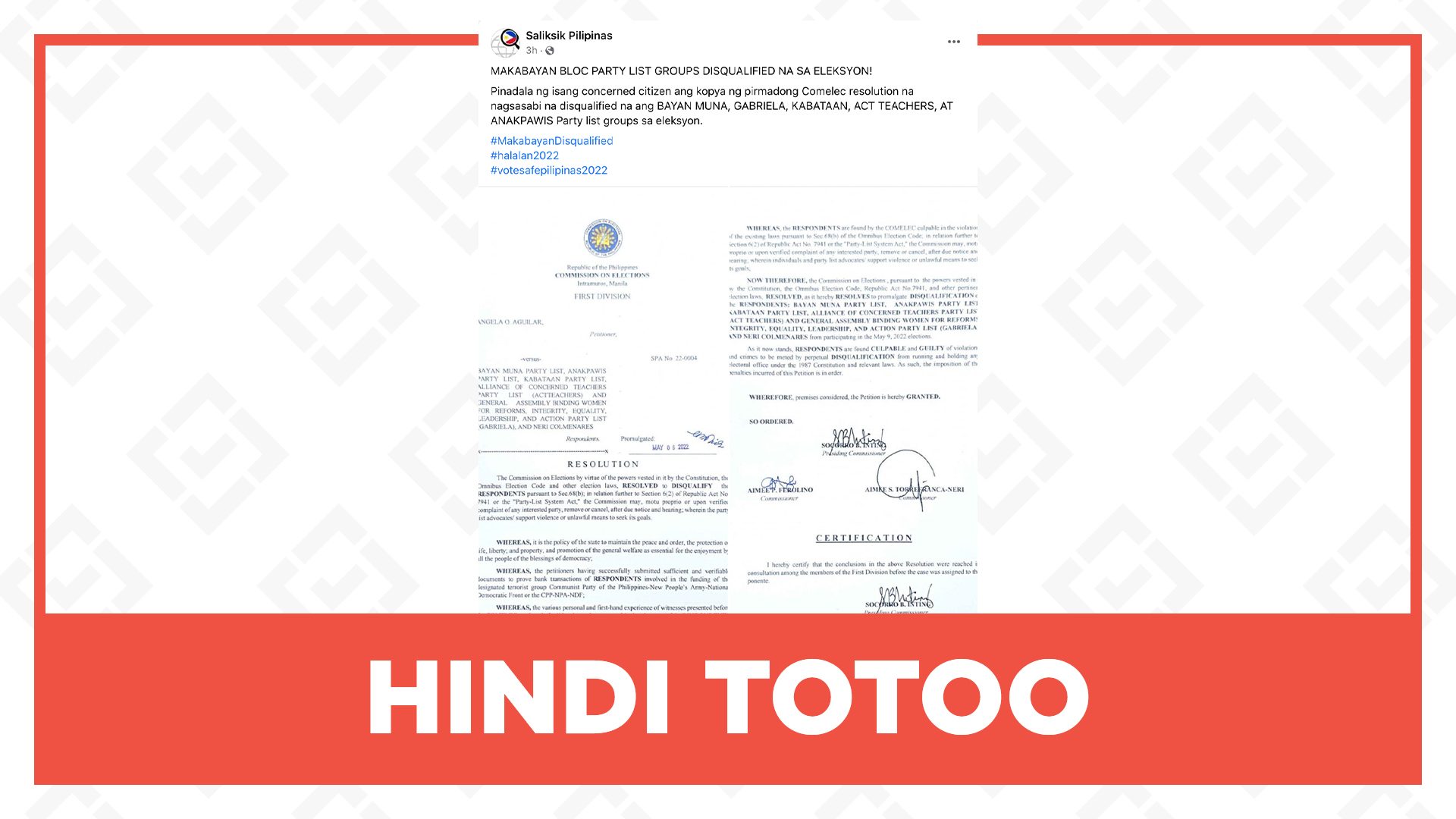 HINDI TOTOO: Diskalipikado ang party-list groups ng Makabayan bloc sa 2022 eleksiyon